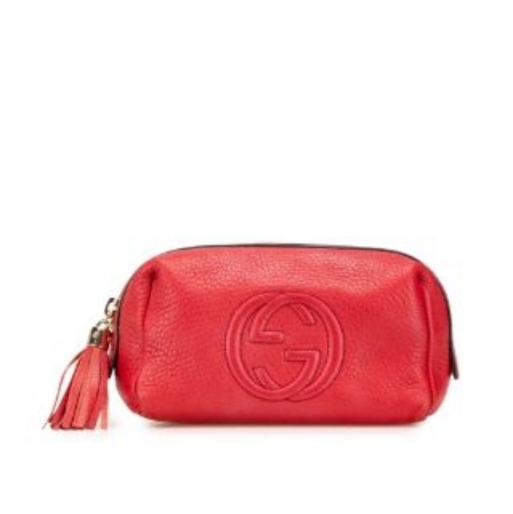 Gucci Soho Cosmetic Pouch With Embossed Logo & Tassel Zip In Red Pebbled Leather